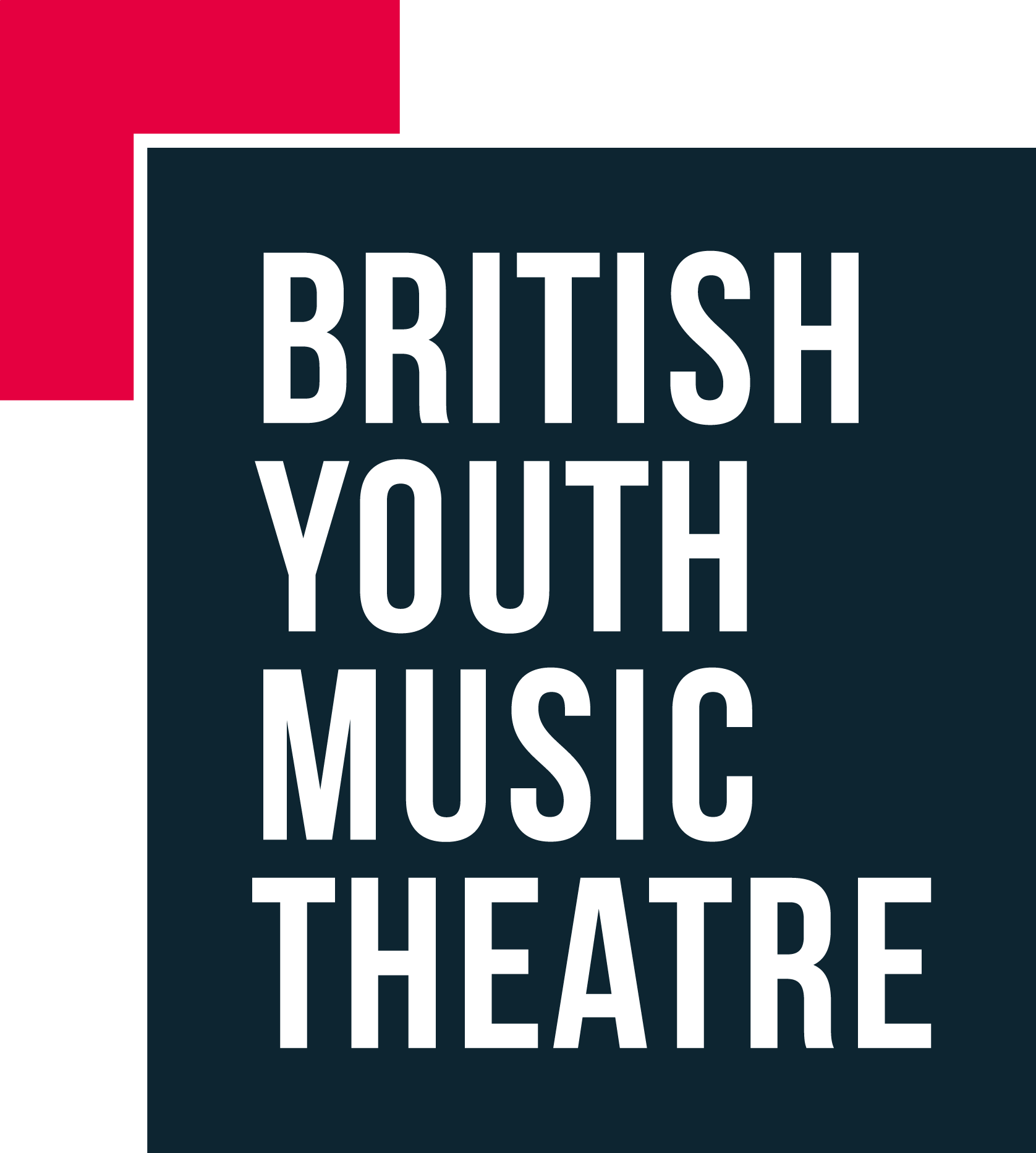 Inside a black square written in white 'British Youth Music Theatre' each word stacked on top of each other. Behind the square in the top left corner is a smaller pink square.