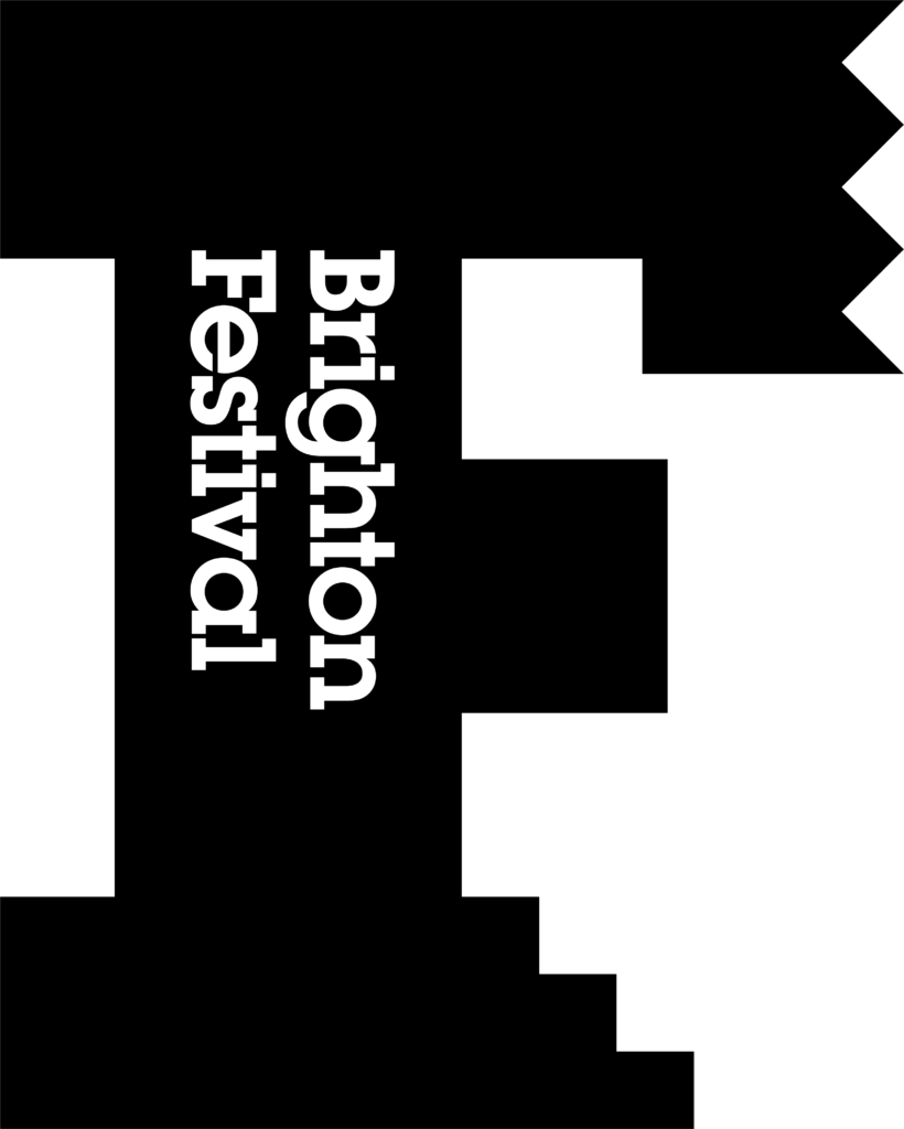 Brighton Festival logo featuring a large black letter 'F' with white text reading 'Brighton Festival' over it, on the one side.