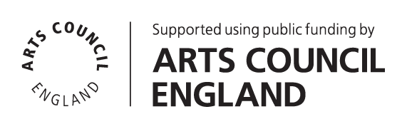 Arts Council logo with circular text reading 'Arts Council England' with 'Supported by using funding by Arts Council England' next to it. The text is black and is on a transparent background.