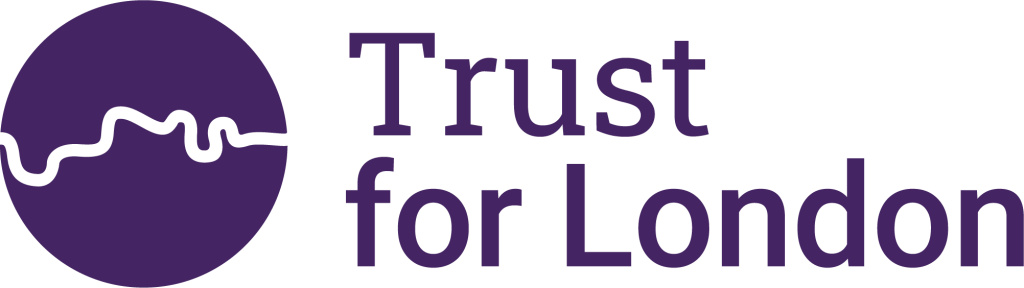 Purple company logo reading 'Trust for London' with a circular sticker containing a messy, white, horizontal line in it.