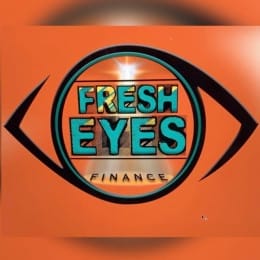 Fresh Eyes Finance logo. A black logo in the shape of an eye with a bright orange background.