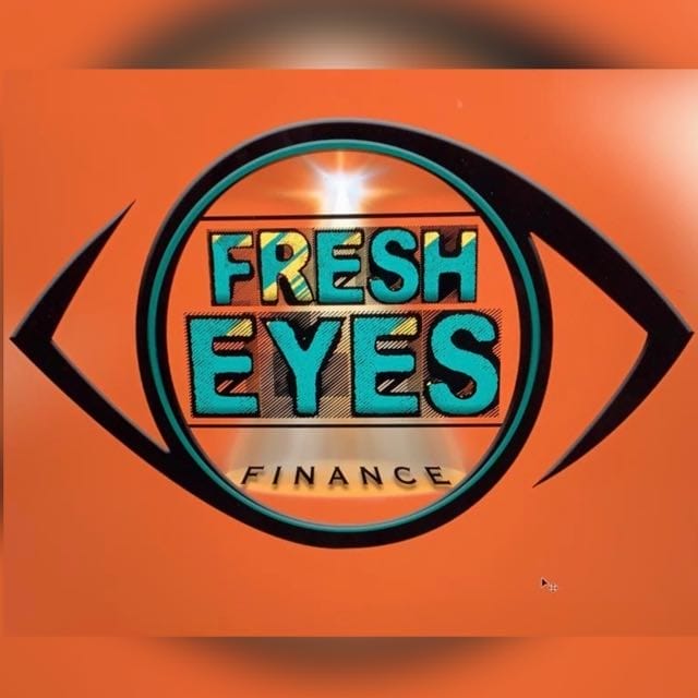 Fresh Eyes Finance logo. A black logo in the shape of an eye with a bright orange background.