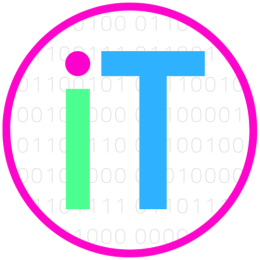 IT4Arts logo - a pink circle with a white background. The letter I is green with a pink dot. The letter T is blue.